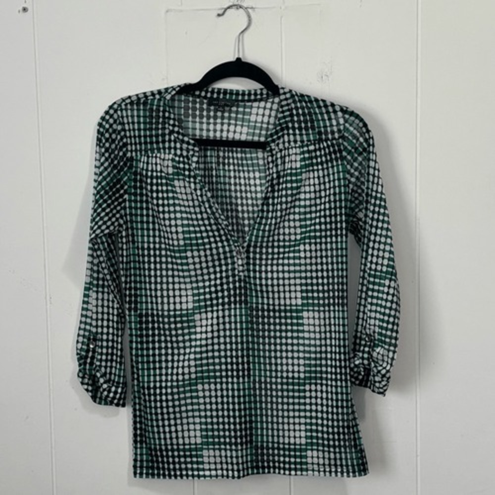 The‎ Limited Y2K Small Green Black Geometric Grid Split Neck Top